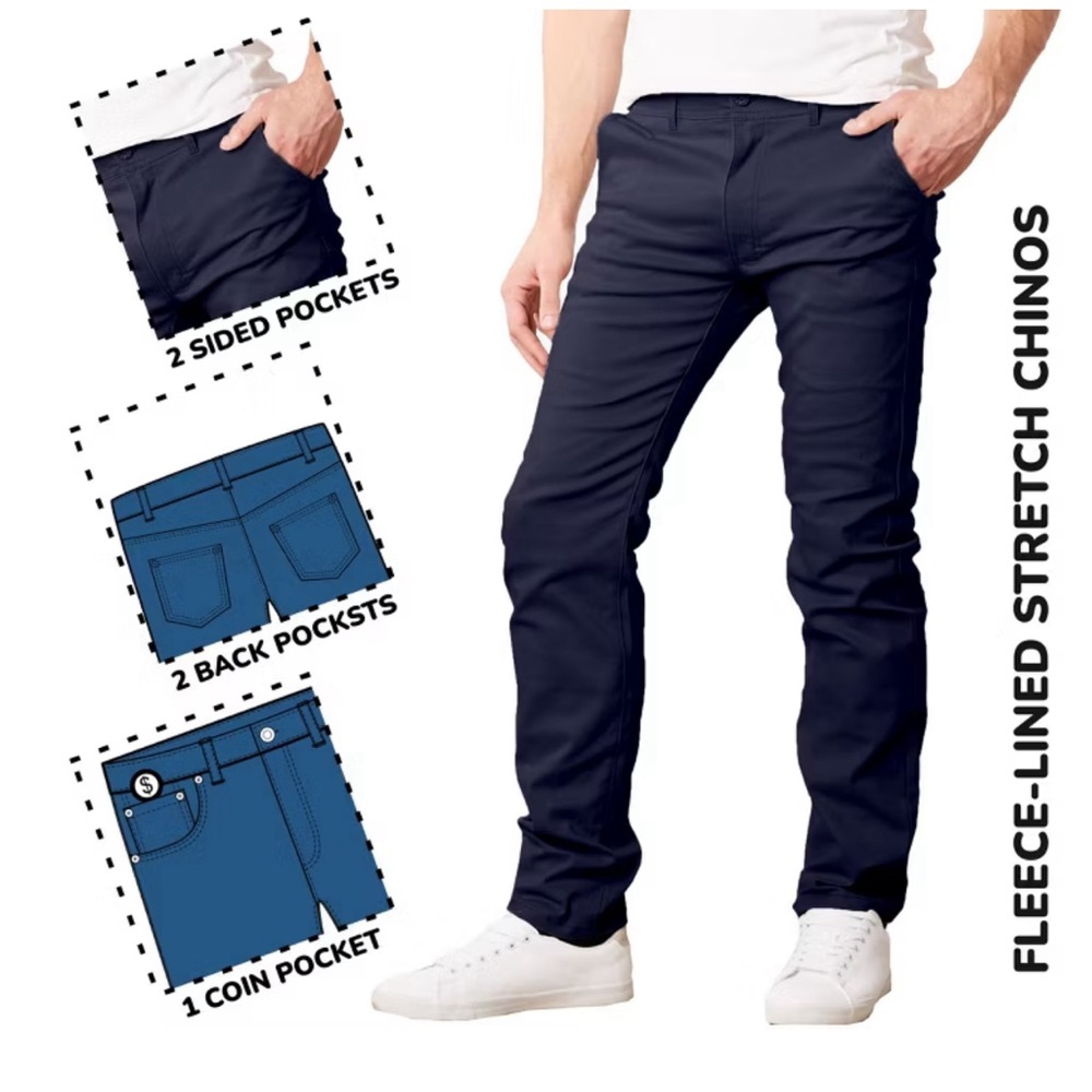 NWT Jump Start Fleece Lined Chino Pants 30x31 Men SLIM Leg Navy Stretch